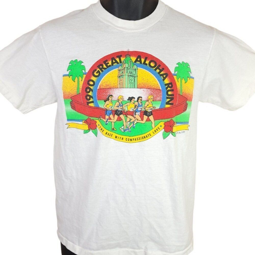 Vintage Great Aloha Run T Shirt Mens Size Small White 90s Hawaii Made In USA